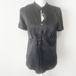 BCBGMaxazria black silk pleated short sleeve blouse top buttons medium